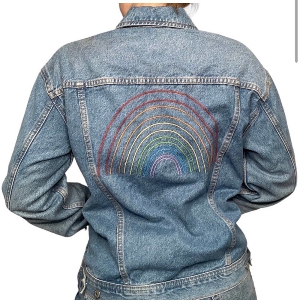 Old Navy Jean Jacket Womens Small Boyfriend Fit Rainbow Embroidered
